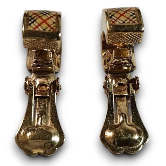 Burberry Authentic Vintage Y2K Gold & Plaid Check Huggie Clip-On Earrings w/ Box - Picture 7 of 8